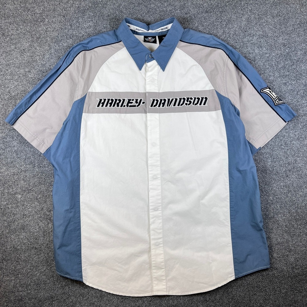 Harley Davidson Shirt Mens 2XL Blue White Colorblock Biker Riding Button Up